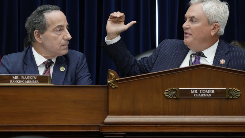 Oversight Committee Chairman James Comer, R-Ky., right, and Ranking Member Jamie Raskin, D-Md., speak during the House Oversight Committee impeachment inquiry hearing into President Joe Biden on Thursday, Sept. 28, 2023, on Capitol Hill in Washington.