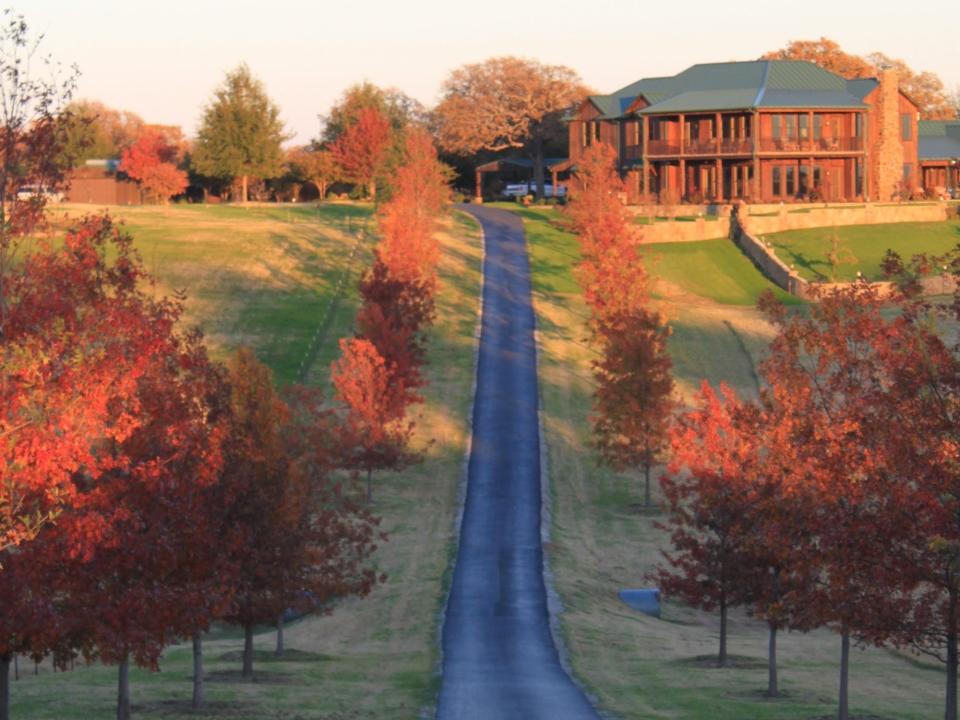 The sloping, tree-lined driveway to Terry Bradshaw's main house on his ranch.