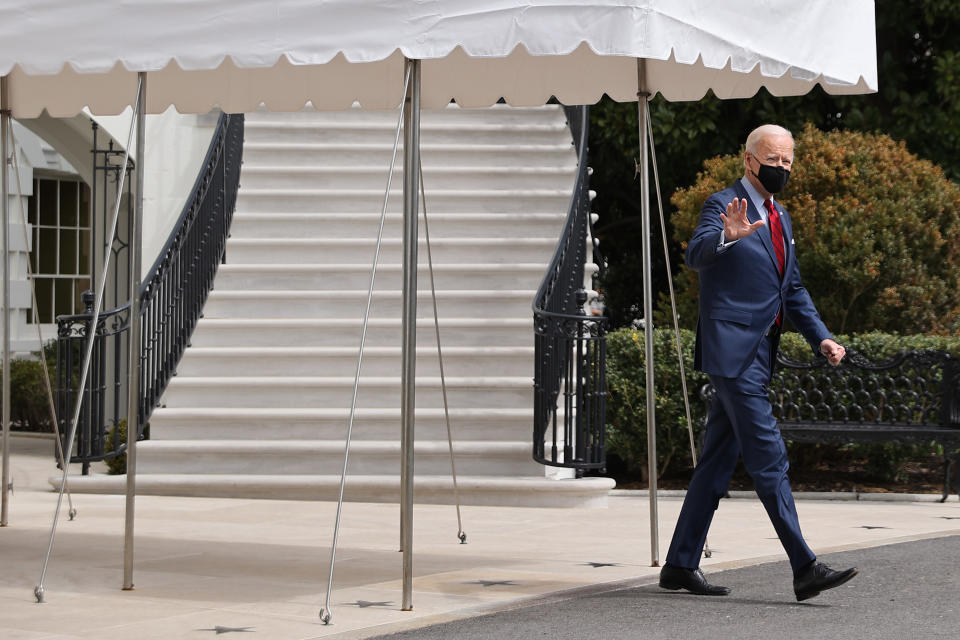 WASHINGTON, DC - MARCH 23: U.S. President Joe Biden departs the White House on March 23, 2021 in Washington, DC. Biden is traveling to Columbus, Ohio, where he will visit the James Cancer Hospital and Solove Research Institute and mark the anniversary of the Affordable Care Act being signed into law. (Photo by Chip Somodevilla/Getty Images)