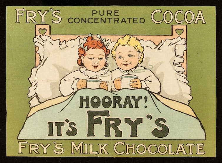 An illustrated advert for Fry's hot chocolate shows a pair of children drinking hot chocolate in bed, with the words 'Hooray! It's Fry's' written on the bed sheet.