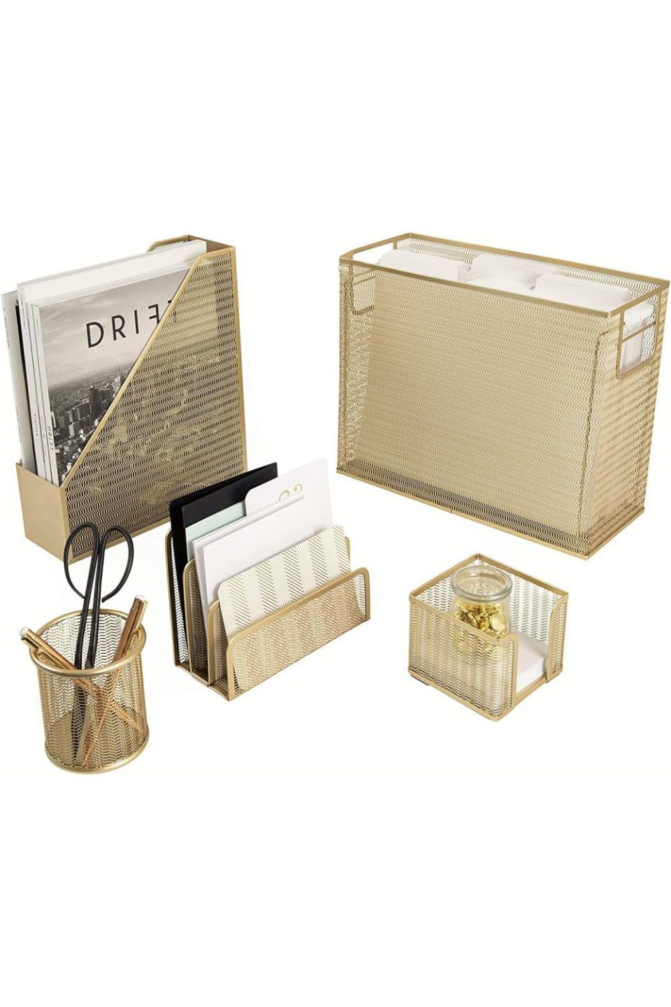 5-Piece Cute Office Supplies Gold Desk Organizer Set