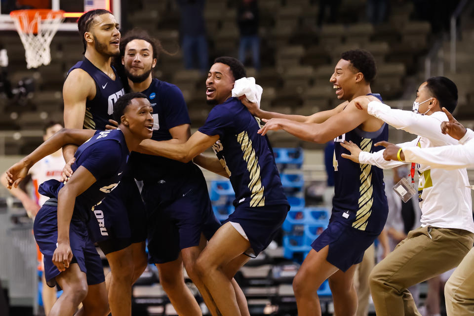 Oral Roberts celebrate its victory over Florida in the NCAA men's tournament. (Trevor Brown Jr/NCAA Photos via Getty Images)