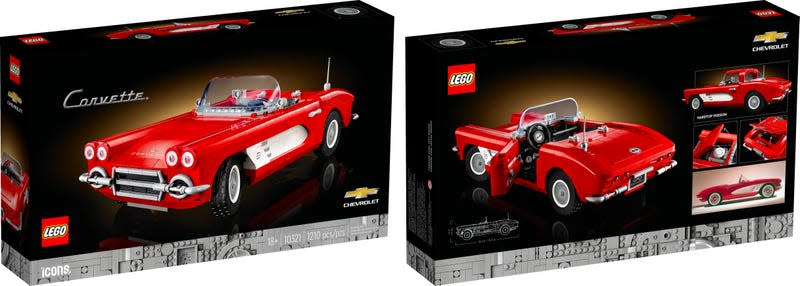 Two front and back box shots of the Lego Icons 1961 Corvette model.