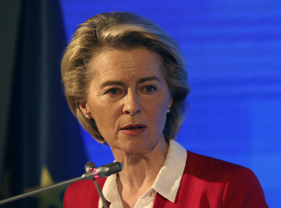 European Commission President Ursula von der Leyen speaks during a joint news conference with EU Council President Charles Michel after talks with Turkey's President Recep Tayyip Erdogan, in Ankara, Turkey, Tuesday, April 6, 2021. Top European Union officials met with Erdogan in Ankara on Tuesday, weeks after EU leaders agreed to boost trade and improve cooperation on migration following conciliatory steps from Turkey. (AP Photo/Burhan Ozbilici)