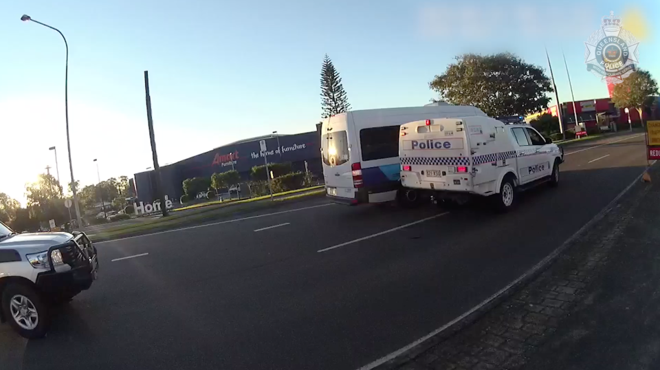 A Blue Care minibus, allegedly stolen by two men in Maroochydore, is chased by a police car. A man aged 76 was also on board.