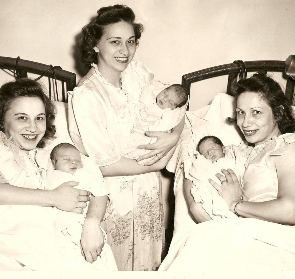 Akron sisters Gloria Leonard, Mary Campanale and Delia Antonino take a portrait with newborn infants Richard Leonard Jr., Marie Campanale and Phyllis Antonino in August 1948 at St. Thomas Hospital. The babies were born Aug. 5, Aug. 6 and Aug. 7.