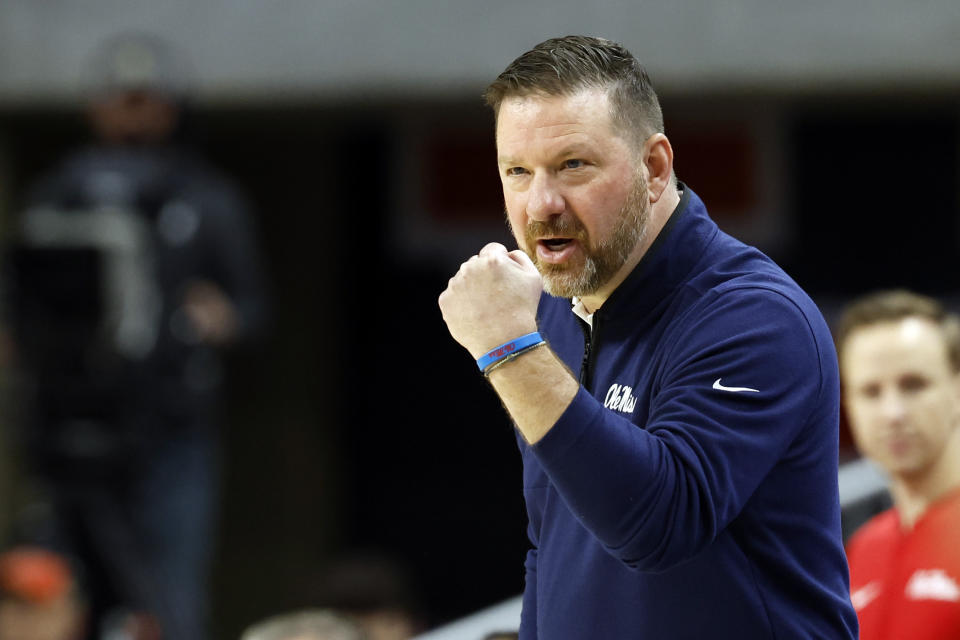 Mississippi coach Chris Beard reacts to play during the second half of the team's NCAA college basketball game against Auburn on Saturday, Jan. 20, 2024, in Auburn, Ala. (AP Photo/Butch Dill)