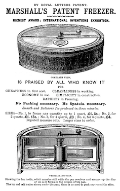 A black and white advert for. round turn handle ice cream maker.