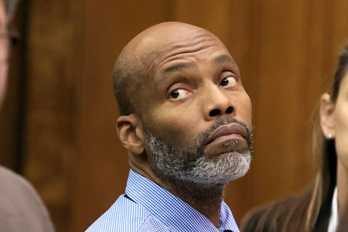 Lamar Johnson listens to testimony during the second day of his wrongful conviction hearing in St. Louis, Mo., on Tuesday, Dec. 13, 2022. (David Carson/St. Louis Post-Dispatch via AP, Pool)