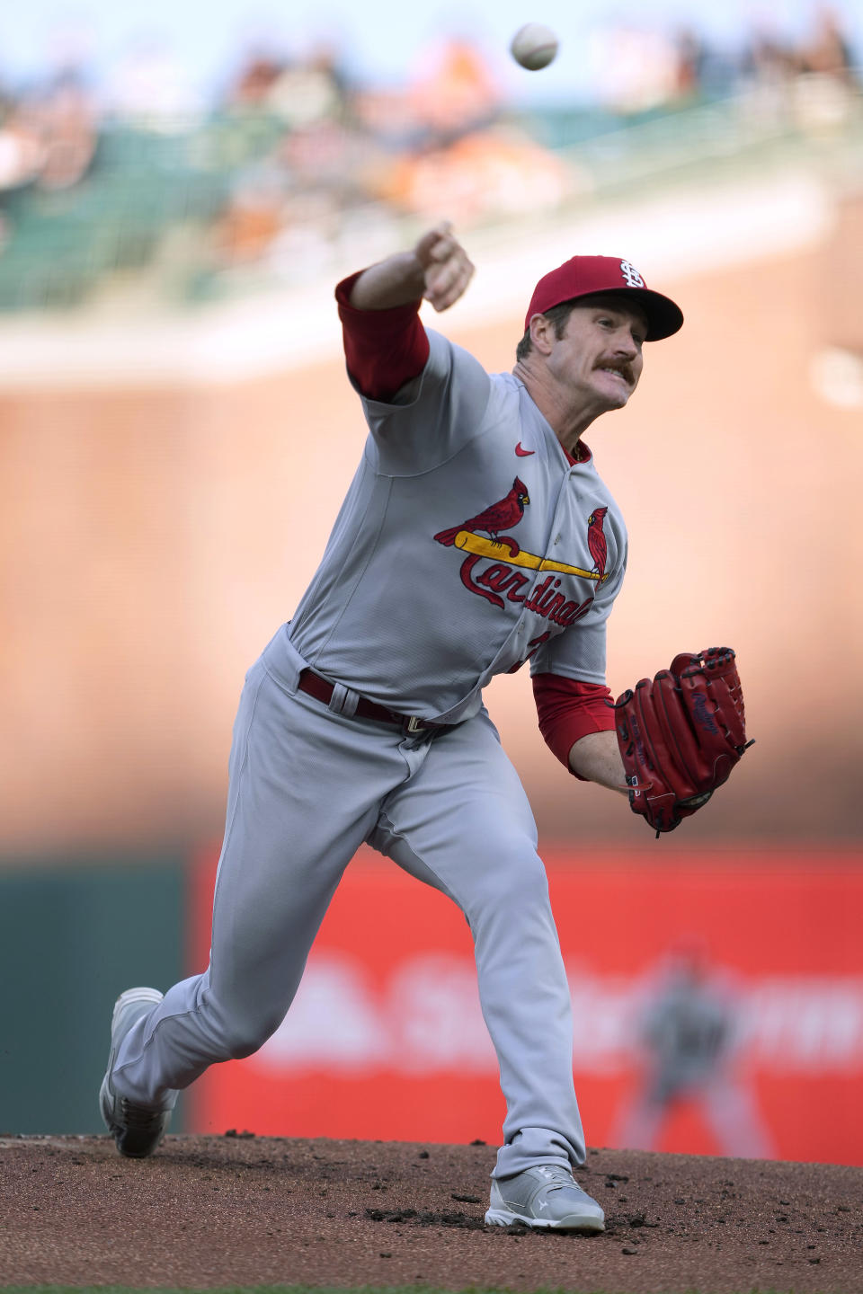 St. Louis Cardinals pitcher Miles Mikolas throws to a San Francisco Giants batter during the first inning of a baseball game Thursday, May 5, 2022, in San Francisco. (AP Photo/Tony Avelar)