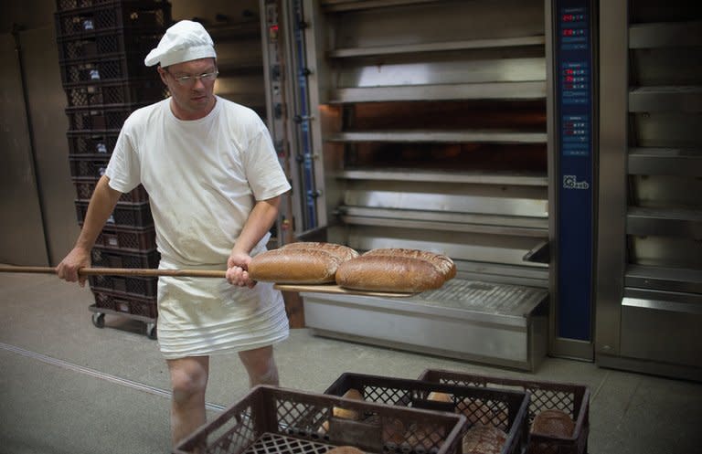 Master baker Steffen Haensch takes fresh potato bread out of the oven at Plentz bakery in Schwante on July 1, 2013. The vast array of bread is partly down to Germany's varied climate which allows all types of crops to thrive