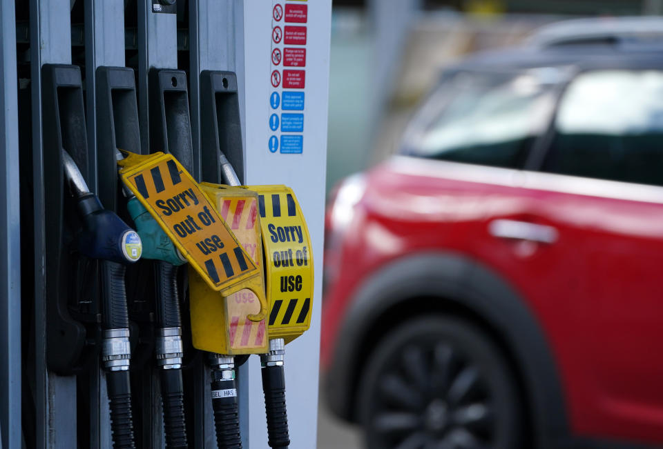 A sign on fuel pumps showing no fuel available at a BP petrol station in Grangemouth. Picture date: Monday September 27, 2021.