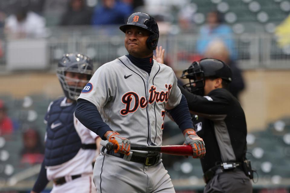 Tigers' Jonathan Schoop reacts after striking out against the Twins during the first inning Wednesday, May 25, 2022, in Minneapolis.