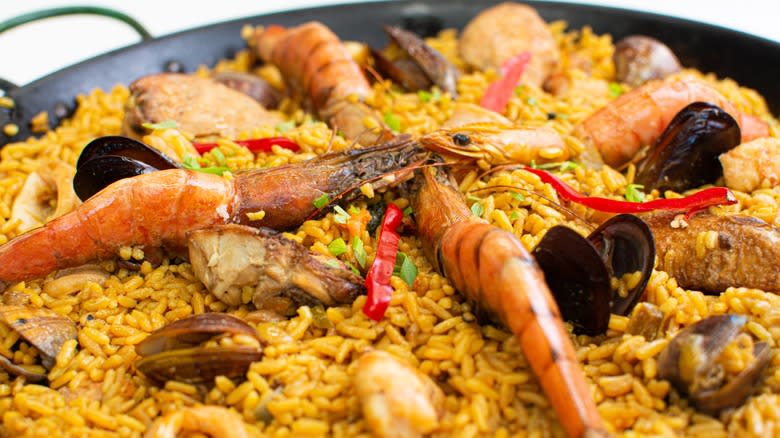 Close up seafood paella 