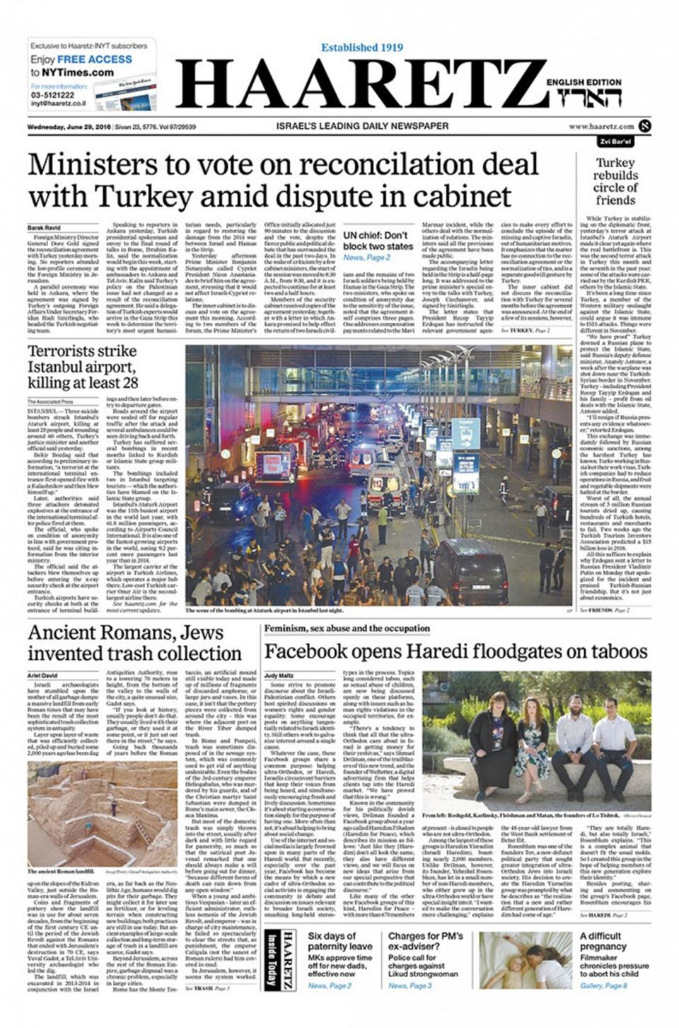 Front-page coverage of Istanbul's Ataturk Airport attack