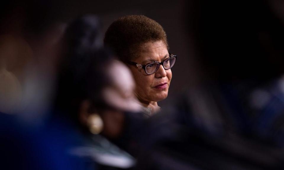 Karen Bass at a press conference on Capitol Hill about legislation to address systemic racism on 1 July 2020.