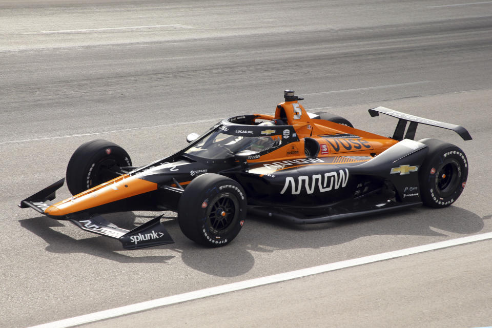 FILE - Pato O'Ward competes during an IndyCar Series auto race at Texas Motor Speedway in Fort Worth, Texas, in this Sunday, May 2, 2021, file photo. O'Ward, like Alex Palou, a two-time winner this season, earned his first career victory in May at Texas Motor Speedway and the Mexican has not finished lower than fourth in three oval races this season. (AP Photo/Richard W. Rodriguez, File)