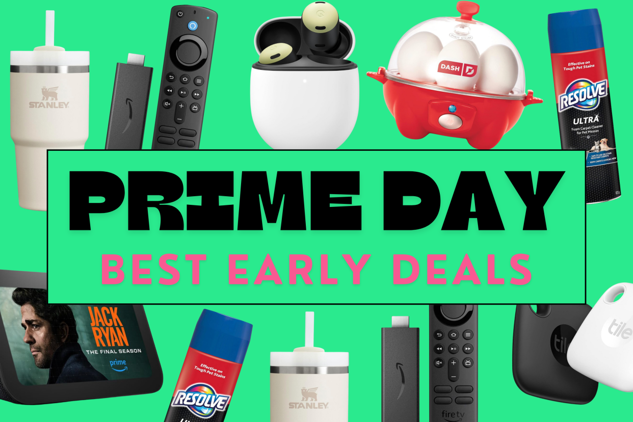 tile trackers, resolve carpet cleaner, dash egg cooker, google earbuds, amazon fire tv stick, stanley tumbler, echo dot, amazon prime day collage on green background, Best early Amazon Prime Day 2024 deals in Canada (photos via Amazon).