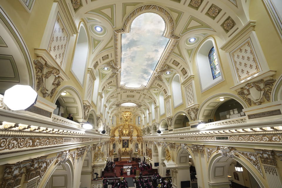 Pope Francis takes his position at the front of the Cathedral-Basilica of Notre-Dame de Quebec in Quebec City to preside over an evening prayer service during his papal visit across Canada, Thursday, July 28, 2022. (Nathan Denette/The Canadian Press via AP)