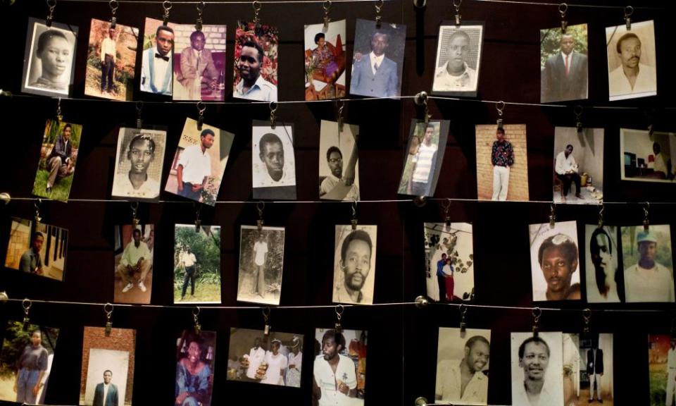 Family photographs of some of those who were killed hang in the Kigali Genocide Memorial Centre in Kigali, Rwanda. 