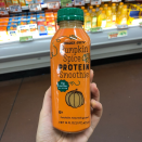 <p><strong>This refrigerated protein smoothie is packed with full pumpkin spice flavor and a ton of protein to boot. </strong>It's got quite a bit of sugar but is also packed with tons of vitamins and minerals like potassium and calcium.</p>