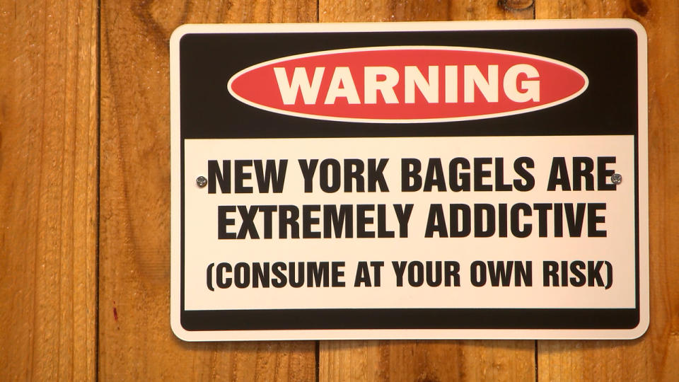 One of the signs inside of the store advised customers of how good New York bagels are.