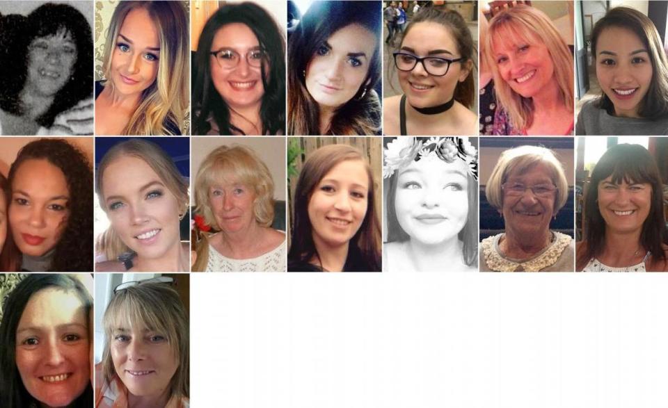Killed by men in 2017: (FIRST ROW, left to right) Moira Gilbertson, Molly McLaren, Nell Jones, Nicola Campbell, Olivia Campbell-Hardy, Patricia McIntosh, Quyen Ngoc Nguyen; (SECOND ROW, left to right) Sabrina Mullings, Sara Zelenak, Sheila Morgan, Sinead Wooding, Sorrell Leczkowski, Teresa Wishart, Tracey Wilkinson; (THIRD ROW, left to right) Vicki Hull, Wendy Fawell (PA)