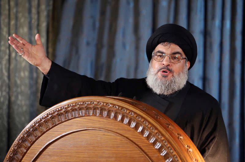 FILE PHOTO: Lebanon's Hezbollah leader Hassan Nasrallah addresses supporters during a religious ceremony in Beirut