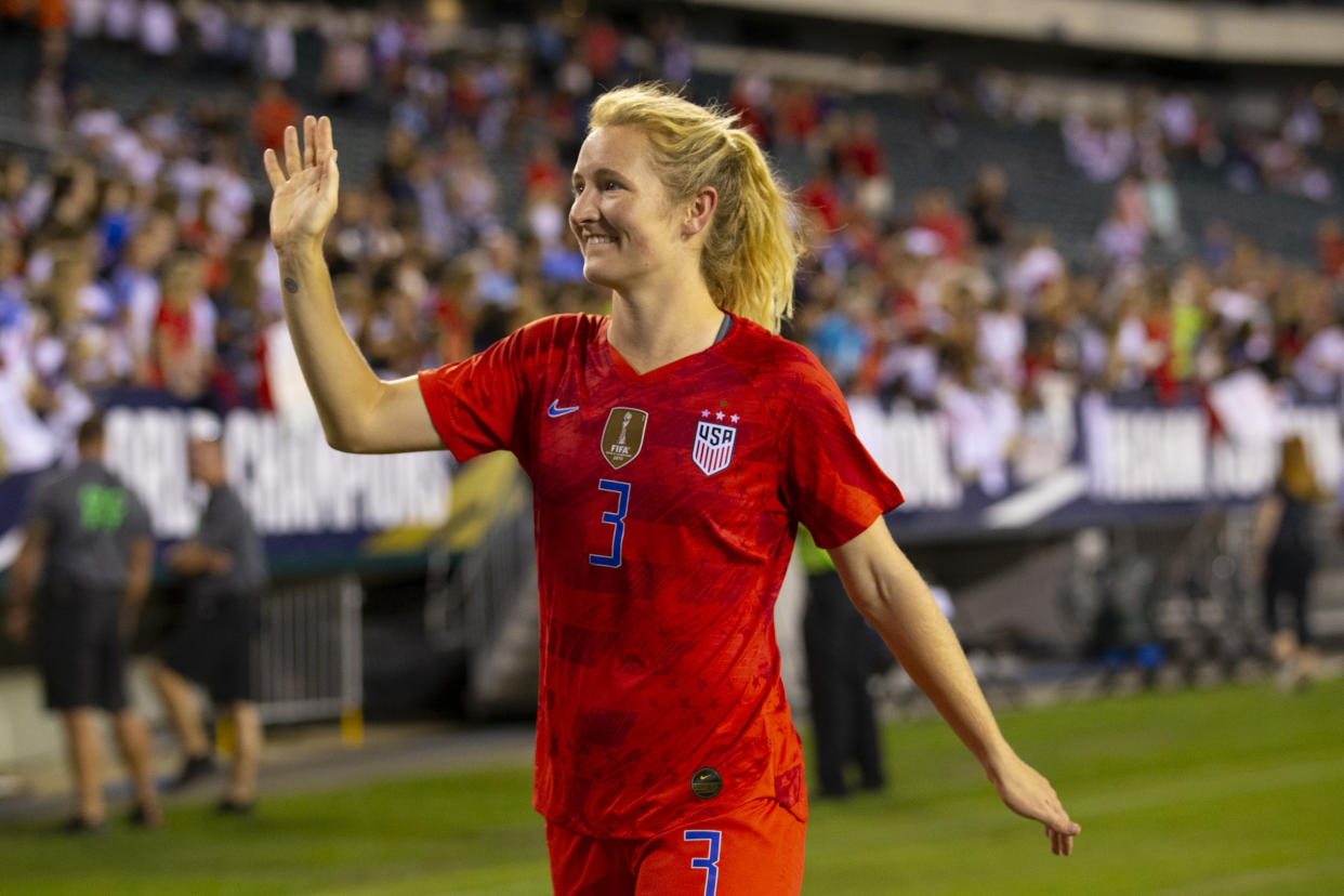 PHILADELPHIA, PA - AUGUST 29: Sam Mewis #3 of the United States salutes the crowd after the second game of the USWNT Victory Tour against Portugal at Lincoln Financial Field on August 29, 2019 in Philadelphia, Pennsylvania. (Photo by Mitchell Leff/Getty Images)