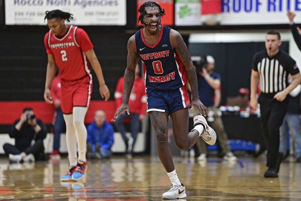 Detroit Mercy guard Antoine Davis reacts after making a 3-point basket during the second half of an NCAA college basketball game against Youngstown State in the quarterfinals of the Horizon League tournament Thursday, March 2, 2023, in Youngstown, Ohio.(AP Photo/David Dermer)