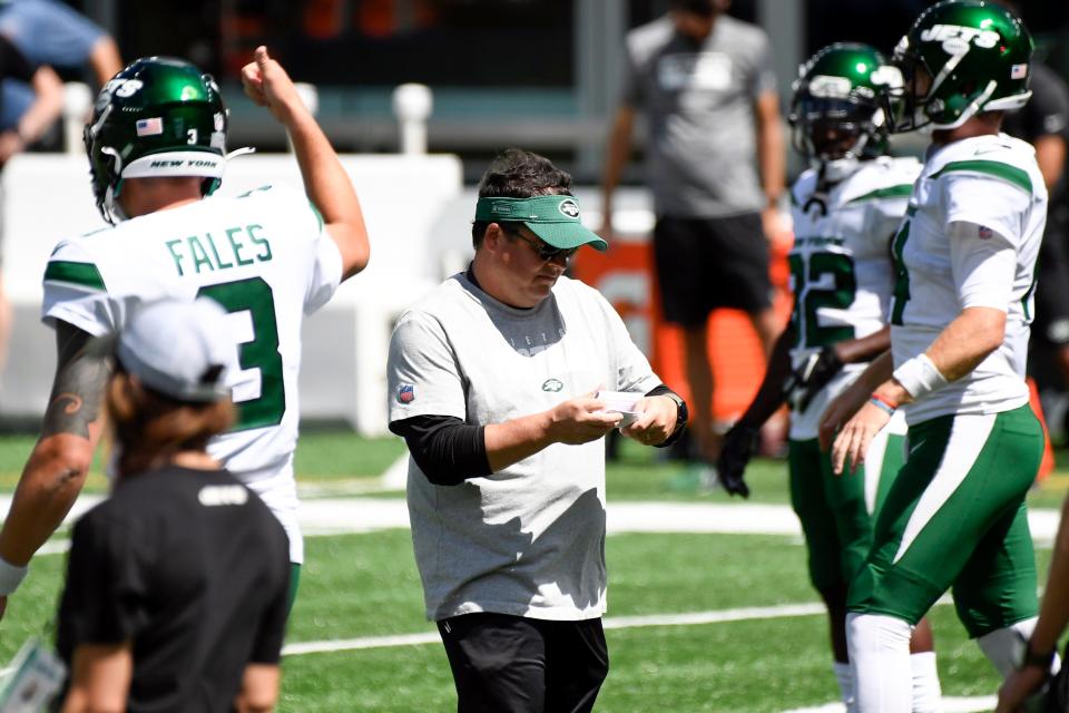 New York Jets offensive coordinator Dowell Loggains on the field during practice at MetLife Stadium on Sunday, August 30, 2020, in East Rutherford.<br><a class="link " href="https://sports.yahoo.com/nfl/teams/ny-jets/" data-i13n="sec:content-canvas;subsec:anchor_text;elm:context_link" data-ylk="slk:New York Jets;sec:content-canvas;subsec:anchor_text;elm:context_link;itc:0">New York Jets</a> Practice