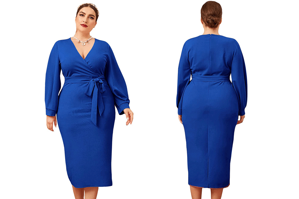 destination wedding guest dress blue wrap