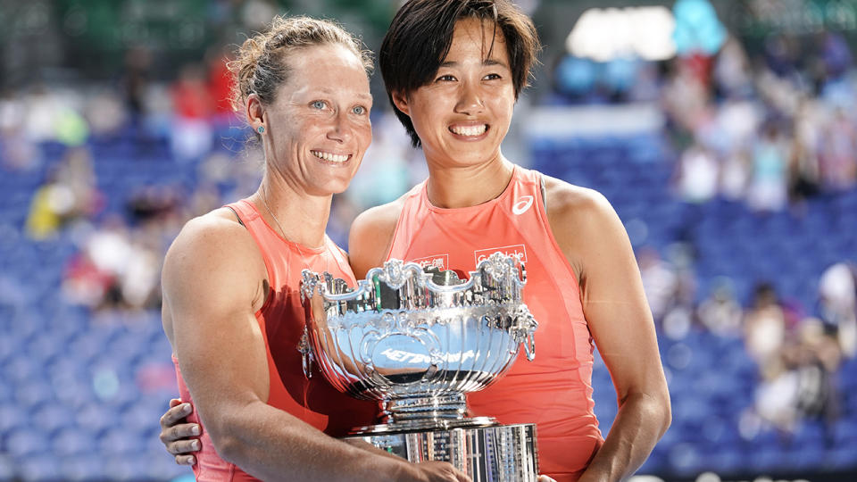 Sam Stosur, pictured here after winning the Australian Open doubles title in 2019.