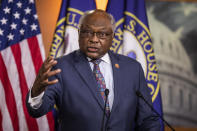 FILE - In this May 27, 2020, file photo House Majority Whip James Clyburn of S.C., speaks during a news conference on Capitol Hill in Washington. Now the highest-ranking Black American in Congress, Clyburn was speaking Friday, Aug. 28, 2020, at a satellite rally in Columbia, S.C. “So there’s a lot of work for Black Lives Matter to do," Clyburn told AP, “and I hope to live long enough to to help them get it done.” (AP Photo/Manuel Balce Ceneta, File)