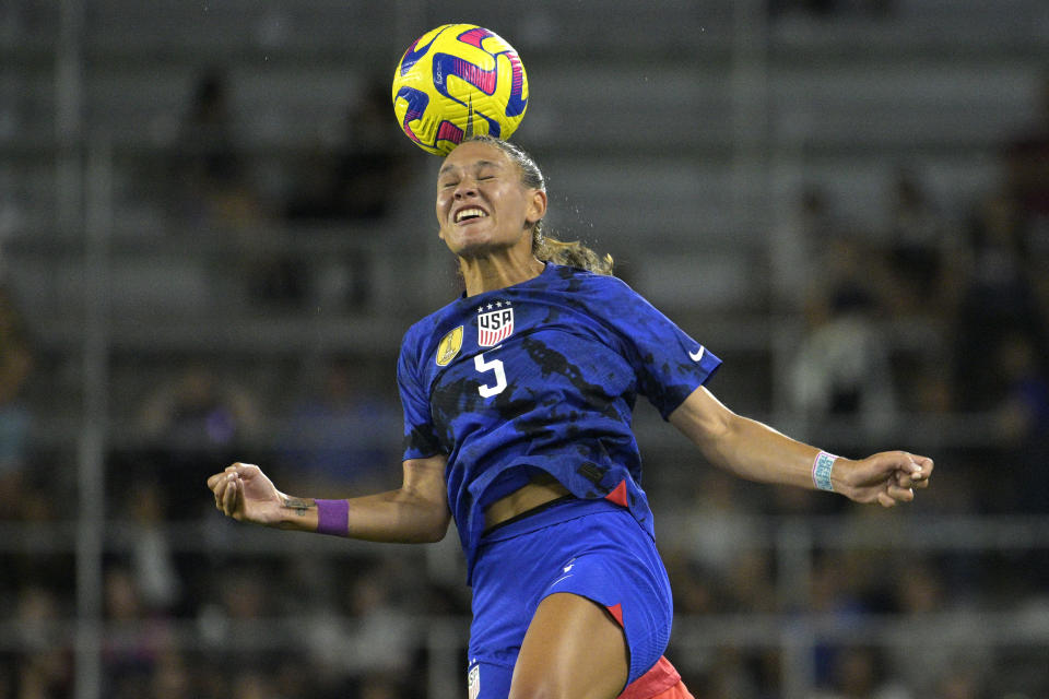 United States forward Trinity Rodman (5) wins a header in front of Canada defender Allysha Chapman during the first half of a SheBelieves Cup women's soccer match, Thursday, Feb. 16, 2023, in Orlando, Fla. (AP Photo/Phelan M. Ebenhack)