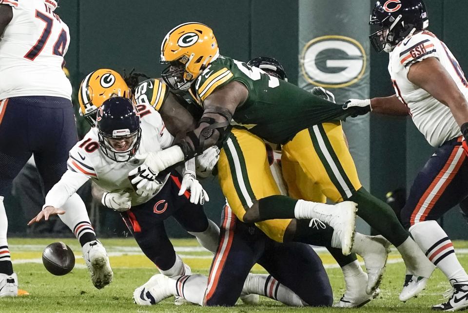 Chicago Bears' Mitchell Trubisky fumbles the ball during the first half against the Packers. (AP Photo/Morry Gash)