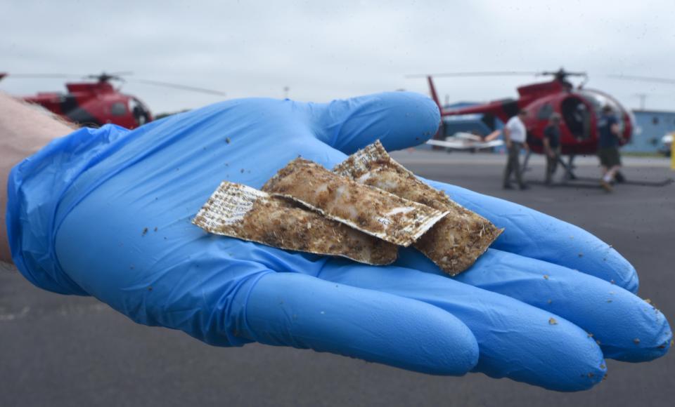 Brian Bjorklund of the U.S. Department of Agriculture holds rabies vaccine in fish-scented packets in 2021 at Cape Cod Gateway Airport in Hyannis. The packets were dropped from helicopters and targeted the raccoon population.