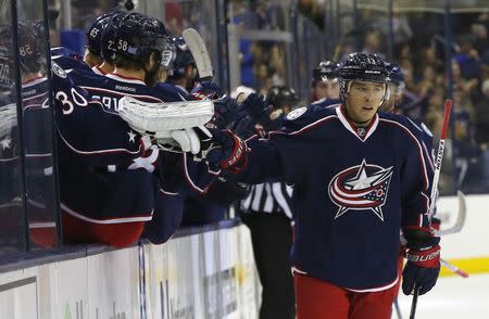 Nov 4, 2016; Columbus, OH, USA; Columbus Blue Jackets right wing Cam Atkinson (13) celebrates a goal against the Montreal Canadiens during the first period at Nationwide Arena. Mandatory Credit: Russell LaBounty-USA TODAY Sports