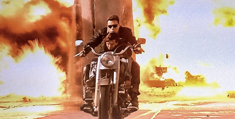 In the original version of <i>T2</i>, a stuntman can be seen driving the motorcycle. (Photo: Lionsgate)