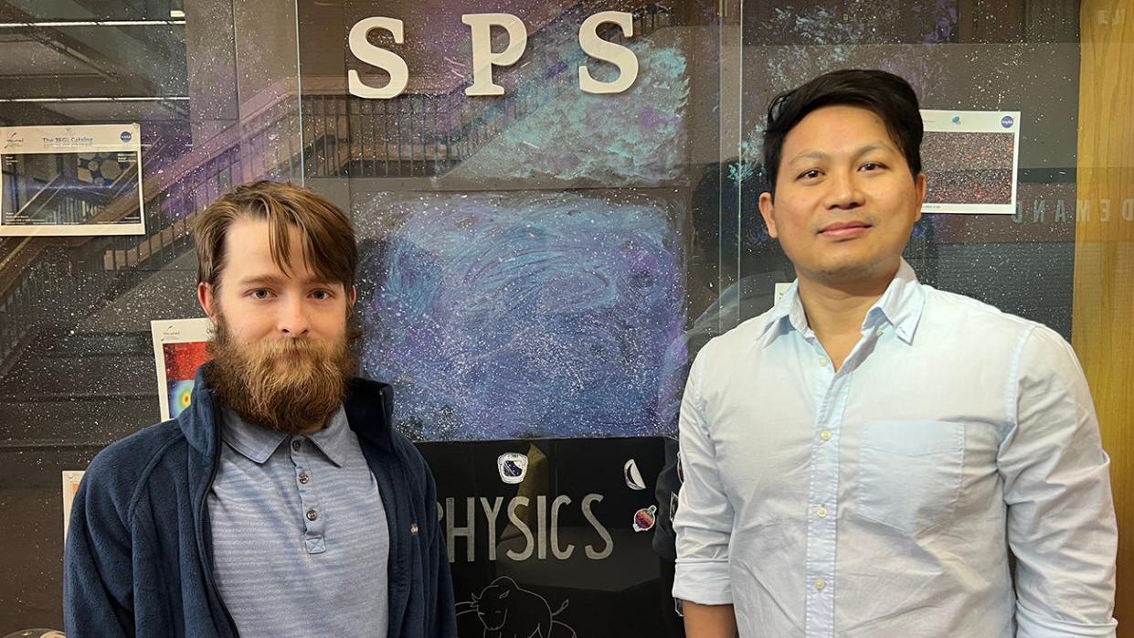 Cole Phillips, a senior physics major, and Dr. Keshav Shrestha, assistant professor of physics, collaborated with Thinh (John) Nguyen (not pictured) on newly published research into a new metal compound.