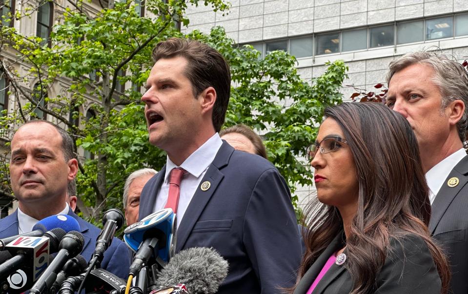 Reps. Matt Gaetz, R-Fla., Lauren Boebert, R-Colo., and other Republican members of Congress speak to reporters by Collect Pond Park, a short distance away from former President Donald Trump's trial in New York City on May 16, 2024.