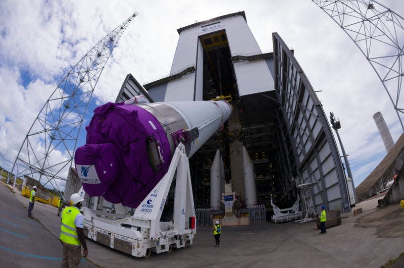 An Ariane 6 test model central core during testing.