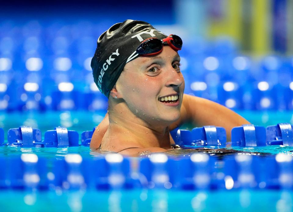 Katie Ledecky reacts after swimming in the Women’s 1,500 freestyle prelims during the U.S. Olympic Team Trials Swimming competition at CHI Health Center Omaha.