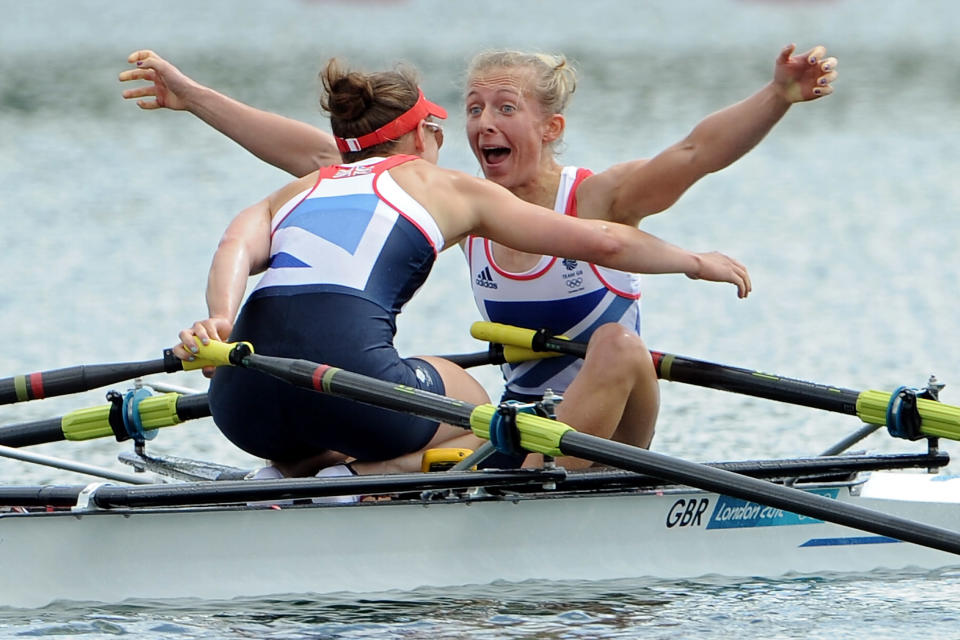 WINDSOR, ENGLAND - AUGUST 04: Katherine Copeland and Sophie Hosking of Great Britain celebrate winning gold in the Lightweight Women's Double Sculls Final on Day 8 of the London 2012 Olympic Games at Eton Dorney on August 4, 2012 in Windsor, England. (Photo by Harry How/Getty Images)