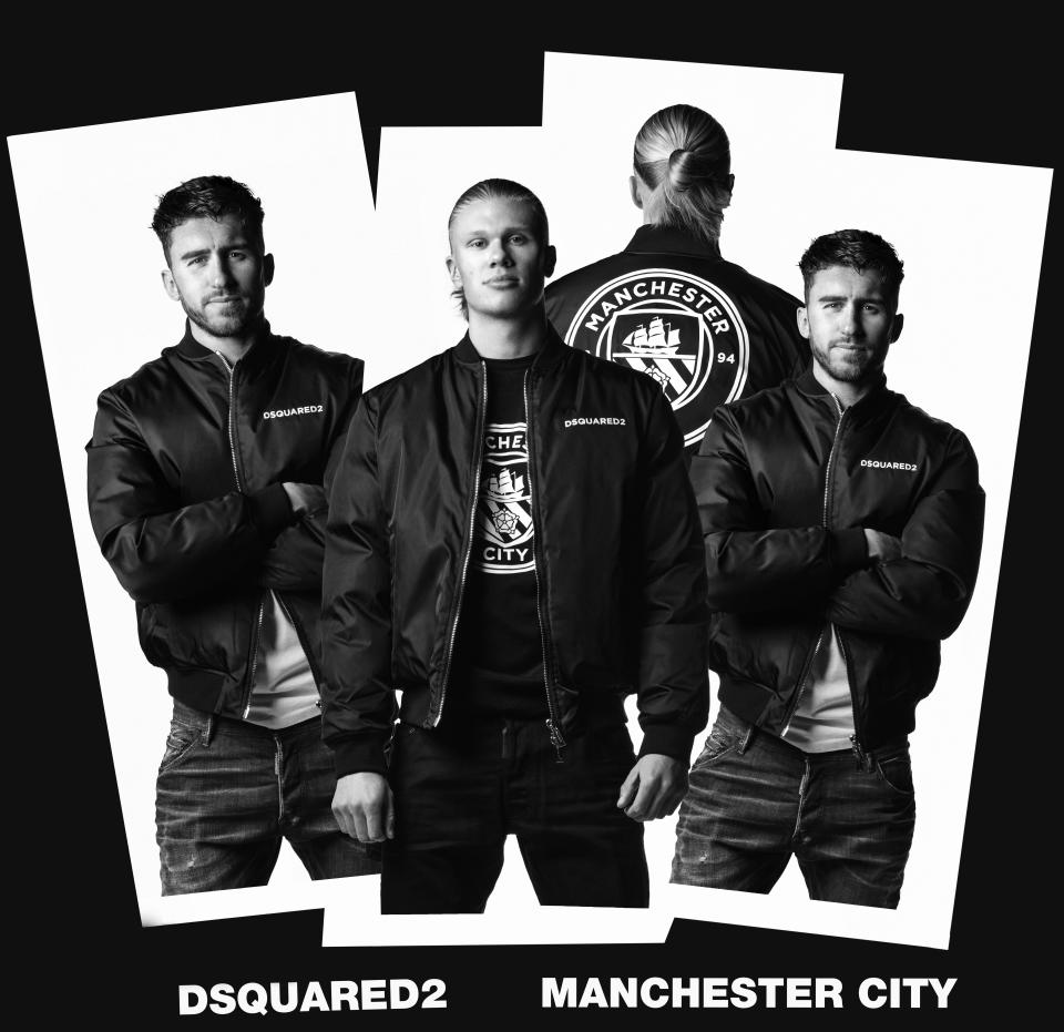 Aymeric Laporte and Erling Haaland in the Dsquared2 x Manchester City capsule collection campaign.