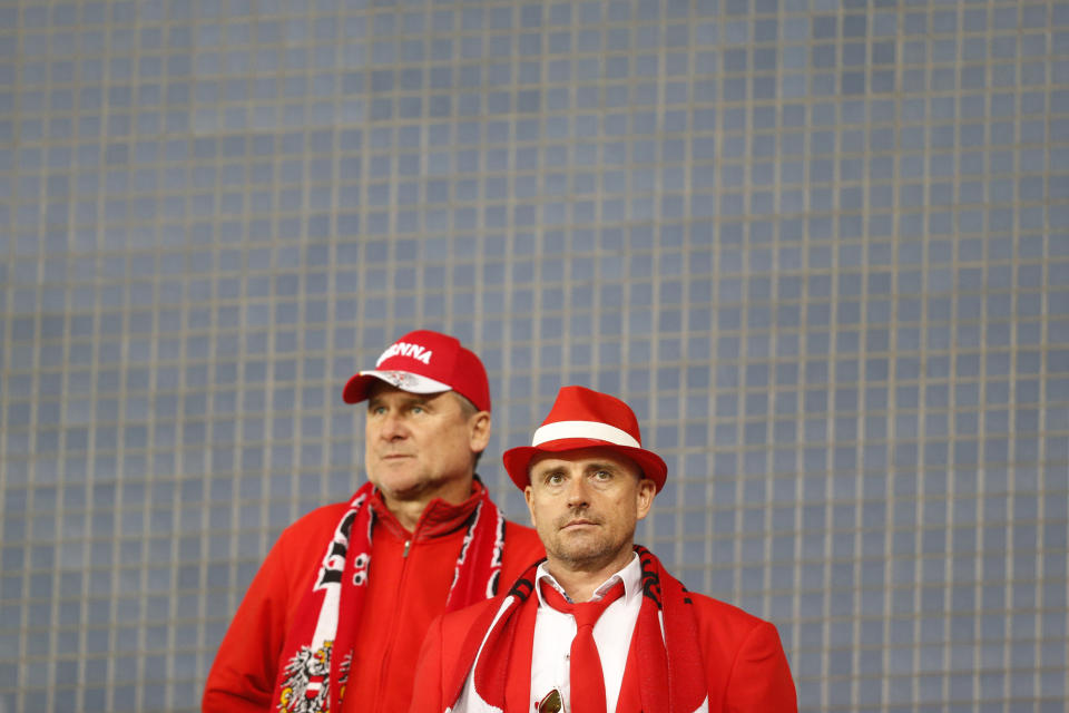 Austrian fans are seen during the Euro 2020 group G qualifying soccer match between Austria and Israel, in Haifa, Israel, Sunday, March 24, 2019. (AP Photo/Ariel Schalit)