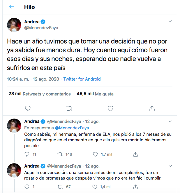 La escritora Andrea Menéndez Faya ha contado en un hilo de Twitter la experiencia vivida con su hermana, fallecida por ELA, para recordar que familiares y enfermos siguen esperando la regularización y despenalización de la eutanasia. (Foto: Captura de Twitter / @MenendezFaya)