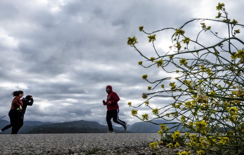 LAKE VIEW TERRACE, CA - APRIL 13: Visitors to the Hansen Dam bike path faced cold winds and clouds on Saturday, April 13, 2024 in Lake View Terrace, CA. Rain is expected for the Southland this weekend. (Myung J. Chun / Los Angeles Times)