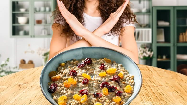 Girl crossing arms with oatmeal