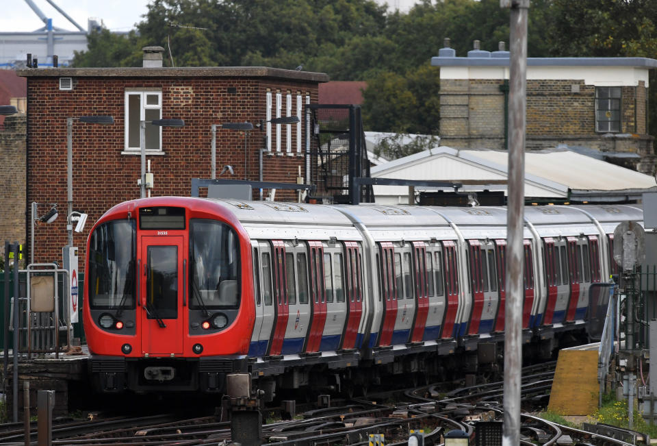 A&nbsp;Tube train stopped at Parsons Green Underground Station.